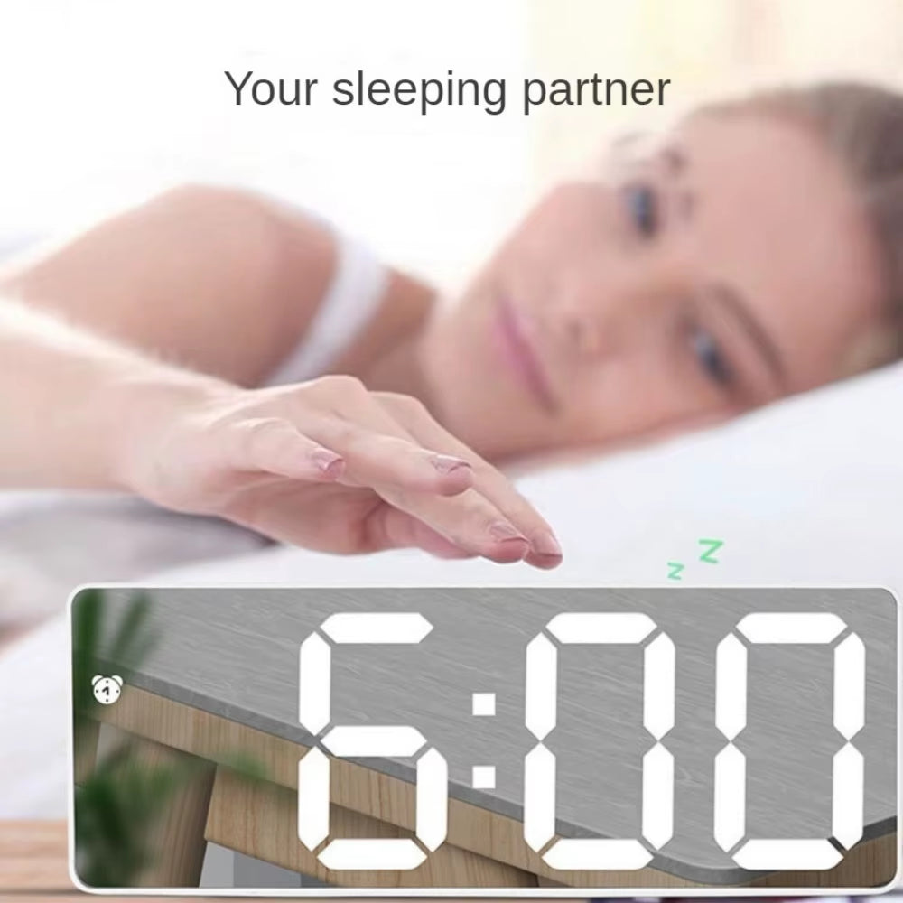 Smart Alarm Clock Bedside Table Led Alarm Clock Digital Children'S Electronic Alarm Clock Curved Screen Mirror Temperature