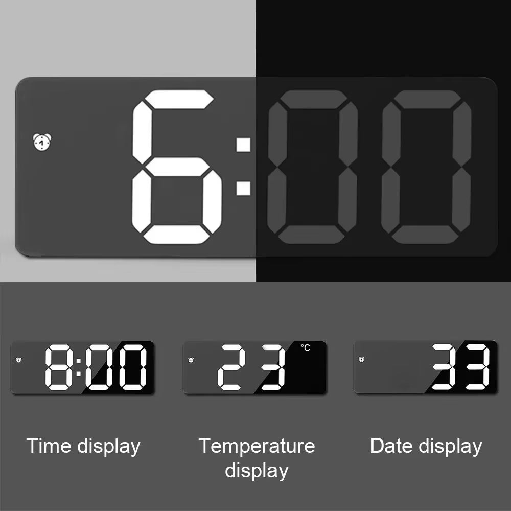 Smart Alarm Clock Bedside Table Led Alarm Clock Digital Children'S Electronic Alarm Clock Curved Screen Mirror Temperature